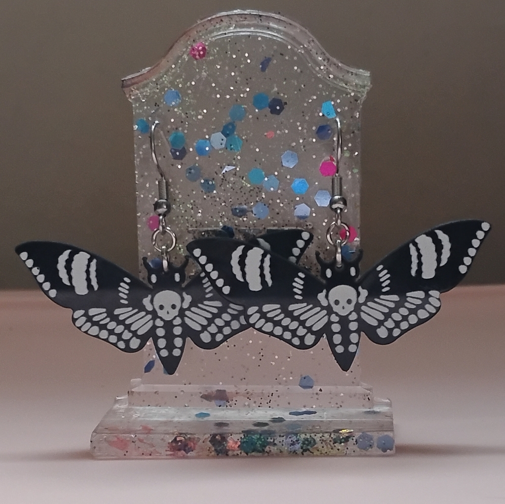 Black and White Skeleton Moth Earrings With Resin Gravestone